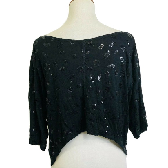 Bebe Sequin Blouse Black Slouchy Shark Bite Hem Cropped Top - Picture 4 of 9